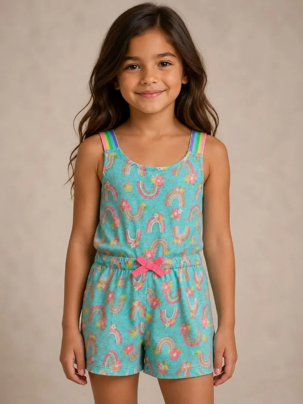 Cynthia Rowley Girls Rainbow Floral Romper Aqua Gold Glitter Size 7/8